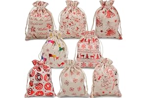 Qpout 16 torebki na prezenty na Boże Narodzenie z rzemieniem, 8 różnych torebek na prezenty z płótna jutowskiego na słodycze, 13x18 cm, wielokrotnego użytku, torebki na prezenty na Boże Narodzenie do