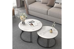 FATIVO Okrągły stolik kawowy, stolik kawowy, zestaw 2 białych marmurowych blatów ze spiekanego kamienia z czarną metalową ramą, gniazdo stołów, salon, apartament, hotel, biuro