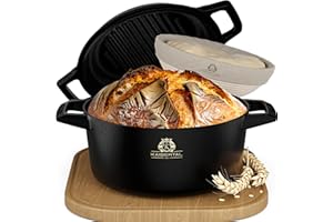 ‎K KAISERTAL KAISERTAL 26cm Gusseisen Topf Brot Backen + Gärkorb - Eingebrannte Brotbackform mit Deckel - Brottopf zum Backen - Brotbacktopf, Brotform, Brottopf - Backform Gusseisen inkl. Backen Zubehör