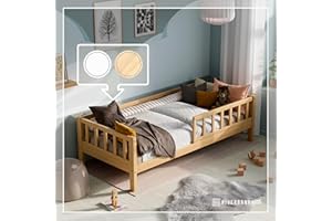 ‎RIVERBANK RIVERBANK Kinderbett 90x200 mit Rausfallschutz. (Natur) Kleinkind Jugendbett Massivholz Kiefer Bettgestell mit Lattenrost & Stauraum. Kinder Bett für Mädchen oder Jungen.