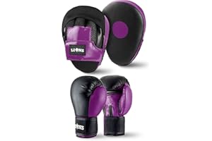 LIONS-BOXING Lions Amateur Fitness Boxing Set Hook & Jab Pads Focus Punch Bag Gloves Target Strike Mitts (Purple, 10oz)