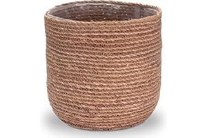 Decorasian Pot de Fleurs en jonc de mer - Cache-Pot tressé - Panier à Plantes décoratif avec Insert en Film Plastique dans Le Style Boho - Natuel/Rouge - 30cm