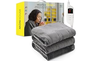 MONHOUSE Heated Throw - Electric Blanket - Digital Controller - Timer up to 9 hours, 9 Heat Settings, Auto Shutoff - Machine Washable - Double 150X200cm - GREY