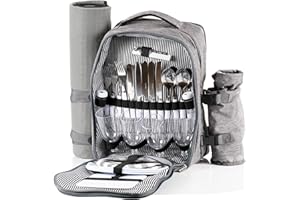 Zaino da picnic CampFeuer per 4 persone | grigio | set da picnic 32 pezzi | incl. portabottiglie e coperta in pile, ampio scomparto refrigerante, stoviglie e posate
