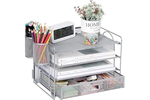 Vikmyer Organizer per File Desktop a 4 Vassoi, Organizer per Scrivania in Rete per Ufficio, Organizer per Documenti, Vassoio per Lettere con Cassetto per Ufficio a Casa(2 portapenne)