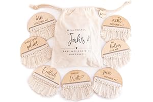 Makramee Meilensteinkarten Baby Holz auf deutsch - 20 Meilensteine auf besonderen Holzscheiben mit Makramee, Baby Meilenstein Karten ideal als Geschenk zur Geburt - Mikito