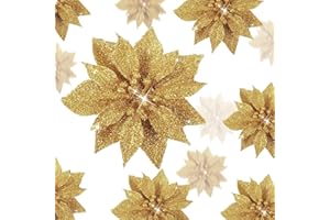 Chunyin 36 Pezzi Poinsettia di Natale Fiori Artificiali di Magnolia per Albero di Natale Fiori Finti Glitterati Natalizi con Clip Decorazioni per Ghirlanda Festa Capodanno, 3 Dimensioni (Oro)