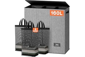 SOLEDI Panier à linge de 160 l - 3 compartiments avec couvercle et 3 sacs à linge - Grand format XXXL - Pour salle de bain, chambre à coucher, buanderie, chambre d'enfant