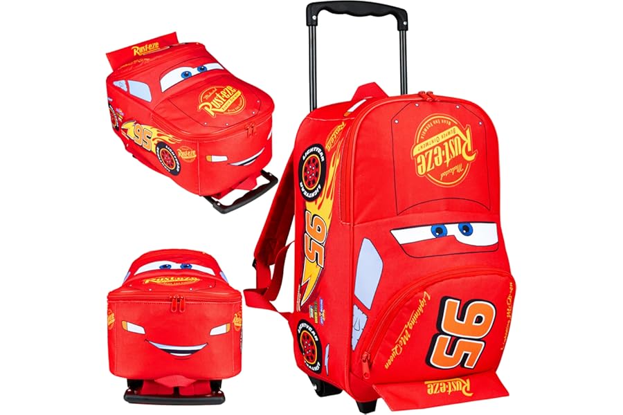 Disney Cars Backpack for Kids, 2-in-1 Lightning McQueen Trolley Bag for School & Travel, Compact Small Suitcase with Wheels (Red Lightning McQueen)