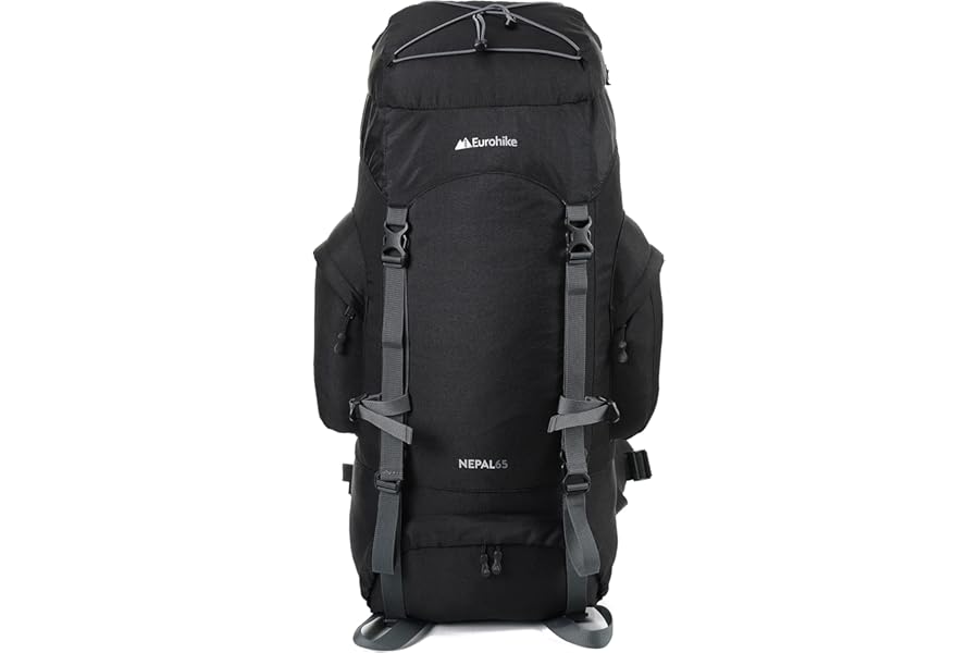 Eurohike Nepal 65 Litre Rucksack with Ventilated Back Panel & Padded Harness, 65L Backpack, Bag for Men & Women, Adjustable, Lightweight, Camping, Hiking, Trekking, Travelling, Outdoors, Black