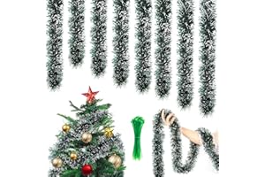 UBERMing 8 sztucznych girland bożonarodzeniowych, lameta, choinka, dekoracja bożonarodzeniowa, girlanda choinkowa ze śniegiem, girlanda bożonarodzeniowa 16 m, z 50 opaskami kablowymi, zielona, do