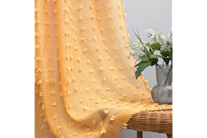 KOUFALL Strukturierte Vorhänge, Boho-Stil, mit rückseitigen Stangenschlaufen, Pompons, getuftet, goldfarben, halbdurchsichtig, für Wohnzimmer, Schlafzimmer, Esszimmer, 2 Bahnen, 229 cm lang, frühlingssenfgelb