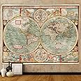 Emwnodti Old Map of the World Tapestry Wall Hanging, Medieval Europe Retro World Map Vintage Earth Hemisphere Posters Office Wall Decor Tapestries, Nautical Chart Map Tapestry for Bedroom Dorm