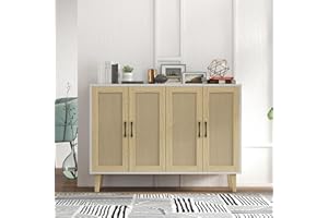 Panana Meuble de Rangement en Rotin et MDF, Buffets Haut Aspect avec 4 Portes sur Salon, Chambre, 127 x 38 x 83 cm (Blanc et Bois)