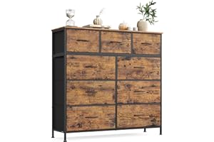 ‎SONGMICS SONGMICS Kommode, Schrank, 9 Stoffschubladen, Aufbewahrungsschrank, Stahl, MDF, Vliesstoff, für Schlafzimmer, Flur, Wohnzimmer, vintagebraun-tintenschwarz LGS324BH04