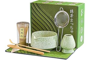 BEWOS 8 Pezzi Set Frusta Matcha - Ciotola Ceramica 18OZ Con Becchetto, Tamarra, Supporto Frusta, Frusta In Bambù | Cucchiaio, Kit Cerimonia Tè Giapponese Per Amanti Del Matcha (Verde Maculato)
