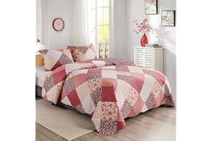 Qucover Pikowane narzuty na łóżko w rozmiarze king size, wielokolorowy nadruk, czerwono-różowa, beżowa, patchworkowa, kołdra z 2 poszewkami na poduszki, lekka miękka mikrofibra, kwiatowy dwustronny