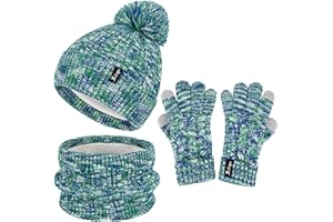 ZASFOU Cappello Invernale Sciarpa Guanti Touch Screen Set per Bambini 3-6-12 Anni Berretto Cappelli in Maglia con Pompon Scaldacollo Guanto Regali per Ragazze Ragazzo