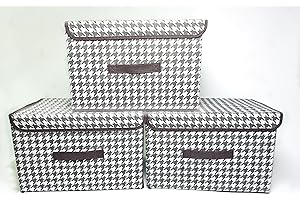 EURXLQ 3 Składane pudełko do przechowywania z pokrywką Składany pojemnik do z lnianej tkaniny z klapką i uchwytami, koc na ubrania do Domu, Szafa ((Tysiąc ptaków w kratkę) Czarna kratka, 36×23×24 cm)