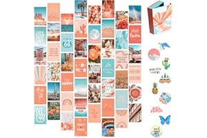 Artivo Peach Teal Aesthetic Wall Collage Kit, 50 Set 4x6 inch, VSCO Girls Bedroom Decor, Orange Boho Dorm Wall Decor, Photo Collection
