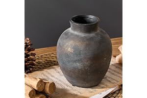 PORCER Ceramic Rustic Farmhouse Flower Vase, 6 Inch Cute Terracotta Boho Vase for Home Decor, Living Room, Table, Shelf, Mantel Decoration, Farmhouse-Bronze