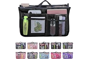 JJ PRIME - Multi-Compartment Handbag Insert | Expandable Liner Bag Pouch Zipper Closure | Tote Bag Organiser Insert with 13 Pockets and Handle for Easy Lifting (Travel, Cosmetics, Toiletries), Black
