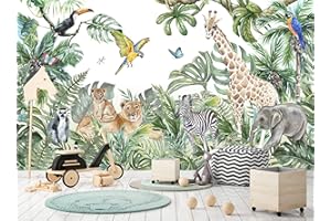 ADDSKY LTD Papier peint photo jungle et animaux pour chambre d'enfant - 366 cm x 254 cm - Aquarelle - Décoration murale en papier - Lions, girafe, éléphant