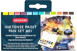 Derwent Inktense Palette #1, Set d 12 Tempere Solubili in Acqua, Adatte a Pittura e Bricolage su Carta e Tessuto, Include 1 Spugna, 1 Mini Waterbrush e 1 Tavolozza (2302636)