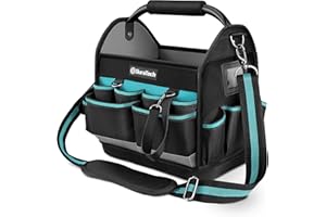 DURATECH Tote Tool Bag 30.5 x 22 x 30 cm, Heavy Duty 900D Open Tool Bag, Electricians Tool Bag with Rotatable Steel Tube Grip and Adjustable Shoulder Strap, Plumbers Tools Bag with Multiple Pockets