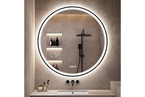 S'bagno Redondo-Espejo-Baño-con-Luz 80CM, Espejo-Baño-LED-con-Bluetooth, Antivaho, 3 Colores de Luces, Regulable, Memoria Luz, IP44, Vidrio Templado, Marco Hierro Negro