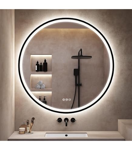 Specchio Rotondo LED Bagno EMKE Diametro 60 Cm, Retroilluminato, Touch, Antiappannamento, Luce Regolabile 3000K-6500K