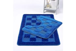 NIGHTZONE Squares 2 Piece Bath Mat & Pedestal Set Non Slip Extra Absorbent Bathroom Toilet Rug Bath Mats Set (Royal Blue)
