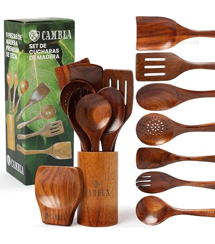 Set Di 16 Utensili Da Cucina In Legno Di Teak – Include Mestolo, Spatola, Cucchiaio Forato, Scolapasta, Portaoggetti E Scolatoio – Legno Massello Naturale