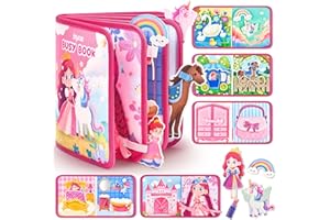 JoyCat Princess Busy Book for Toddlers 1-3, Travel Toy with Dress-Up, Unicorn & Castle Play, Quiet Montessori Toy Activity Book for Fine Motor Skills, Birthday Gift for Girls
