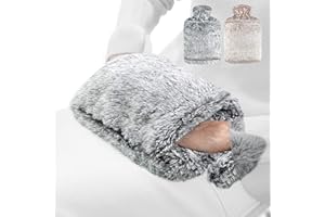 obqo Wärmflasche mit Weichem Bezug | 2,0 Liter Groß Wärmflaschen Flauschig Naturkautschuk Auslaufsicher Taschendesign Handwärmer Bettflasche Wärmeflasche Geschenk für Kinder Erwachsene (Grau)