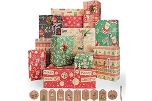 LEUOSO 70 * 50cm Christmas Wrapping Paper for Gift, 12 Sheets Xmas Wrapping Paper Recyclable Kraft Wapping Paper with 10pcs Gift Tags and 10m Twine for Gift and Craft Wrapping
