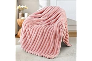 Exclusivo Mezcla Fleece Throw Blanket for Couch, Super Soft Striped Jacquard Bed Blanket, Lightweight Fuzzy Cozy for All Seasons, 127x152 CM, Pink