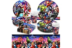 DEREINE Superhelden Pappteller Kindergeburtstag, the avenger Partygeschirr 51-teiliges Superheld Partygeschirr Set für Mädchen Geburtstag-7''Pappteller, 9''Pappteller, Tischdecke, Servietten, Pappbecher