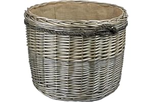POP-IT-IN-A-PELICAN Range of large Antique grey Wicker log baskets. Rope handles. Wood & kindling storage for fireplace. Or shoes toys washing clothes bin (100 litres, Round)