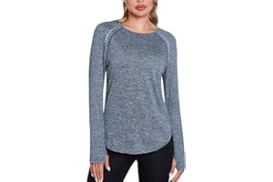 Crewhpo Camiseta Deportiva Manga Larga para Mujer Camisetas Deporte Cuello Redondo Ligero UPF 50+ Ropa de Entrenamiento Running Gimnasio Yoga Top