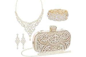 XAZTR 4 Pcs Rhinestone Jewelry Set Clutch Evening Bag Elegant Crystal Necklace Dangle Earrings Bracelet Wedding Party Bridal Accessories for Women