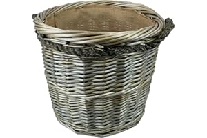 THE PESCARA COLLECTION Round Grey & Antiqued Wicker log baskets. Hessian lined. Wood & kindling storage for home hearths and fireplace. Large wood burner bin (Rope Handle, 40cm)