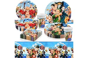 Pusuanzi One Piece Assiette Jetable Anniversaire, Luffy Vaisselle Jetable 51 Pièce pour Enfants Fête de Thème-10 Assiettes 7'', 10 Assiettes 9'', 20 Serviettes, 10 Gobelets, 1 Nappe