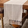Wracra Rustic Linen Table Runner Farmhouse Style Table Runners 72 inches Long Embroidered Fall Table Runner with Hand-Tassels for Party, Dresser and Dining Room Decorations(Light Coffee, 13"×72")
