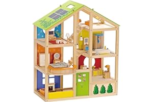 Hape All Season House (Furnished), Award-Winning 3-Storey Dolls House Toy with Furniture, Accessories, Movable Stairs and Reversible Season Theme