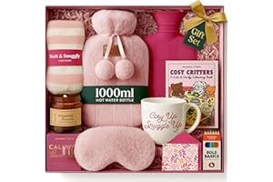 SEASONAL STREET Set Regalo con Borsa Acqua Calda – Boule Acqua Calda Rosa da 1000ml con Calzini, Tazza, Candela, Mascherina per gli Occhi e Libro da Colorare con Matita