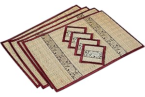 CCCOLLECTIONS Hand-Woven Wicker Reed Placemats Coaster Set Eco-Friendly Alternative to Plastic Heat Resistant Thai Style Durable Easy to Clean for Dining Table Set of 4 (Large Burgundy (Small Trim))