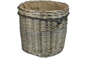 POP-IT-IN-A-PELICAN Range of large Antique grey Wicker log baskets. Rope handles. Wood & kindling storage for fireplace. Or shoes toys washing clothes bin (58 litres, Round)