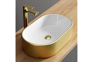 Planetmöbel Aquil Elegant Lavabo ovalado para baño y aseo de invitados, lavabo de mano sin orificio para grifo y rebosadero, oro blanco, 55 x 34 x 14 cm