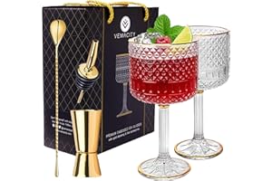 VEMACITY Lot de 2 Verres à Gin Tonic de Luxe Pour Les Amateurs de Gin – Inc. 2 x Verre Gin Tonic/Cocktail en Relief Avec Détails Dorés | Cuillère en Or, Mesure à Double Esprit et Verseur à Esprit.